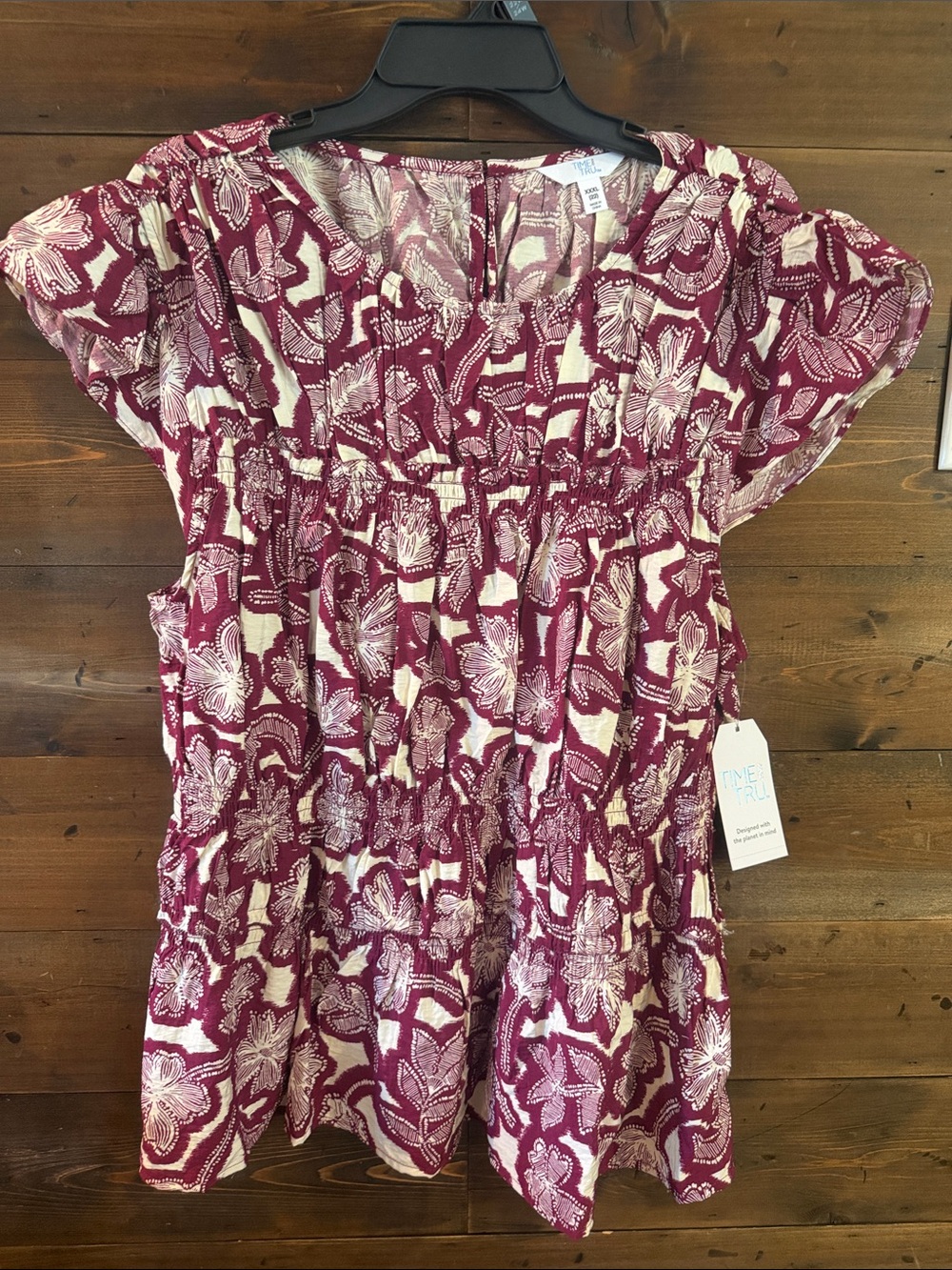 Time and Tru Burgundy and Cream Floral top with ruffle trim